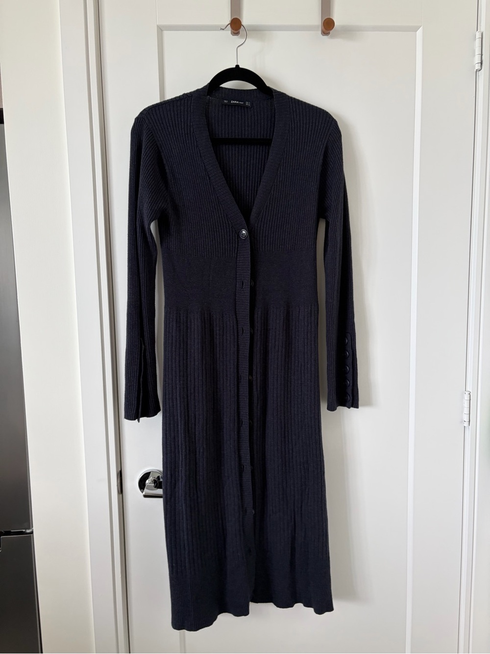 Long Ribbed Knit Button-Front Cardigan